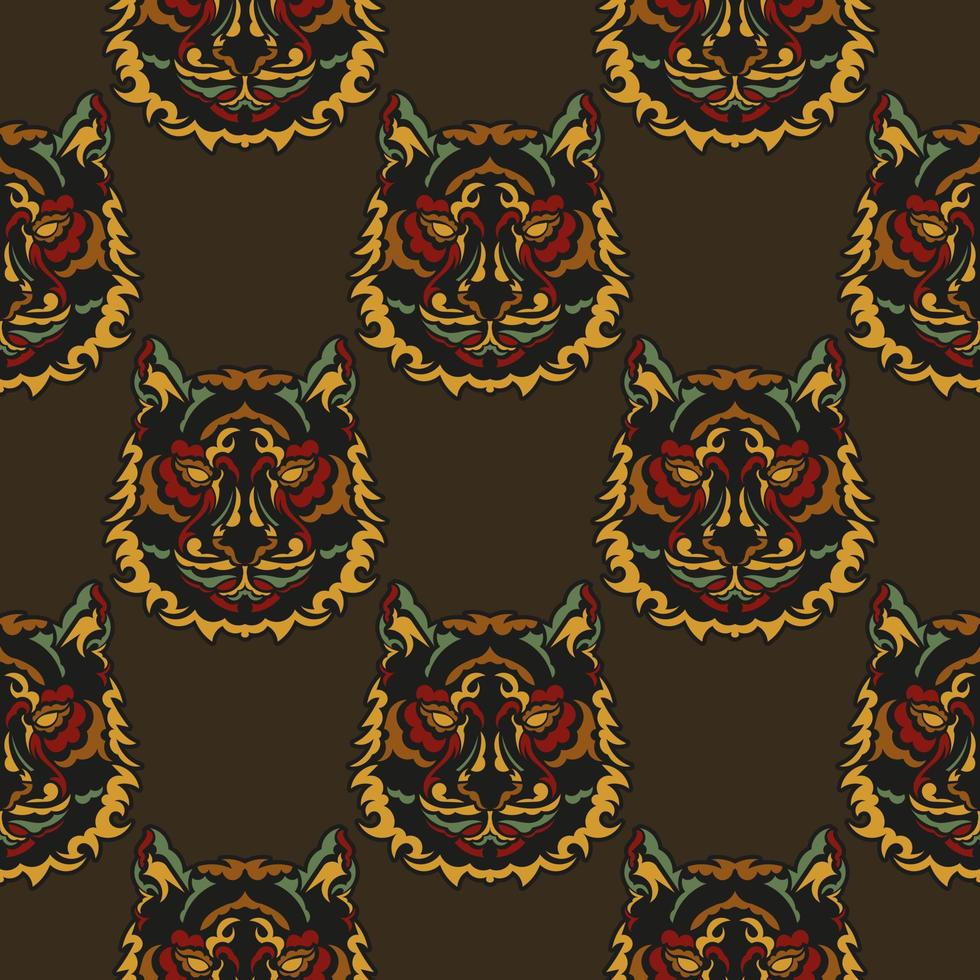 naadloos patroon met gezichten van tijgers in de kleuren van de barokke stijl. goed voor achtergronden, prints, kleding en textiel. vectorillustratie. vector