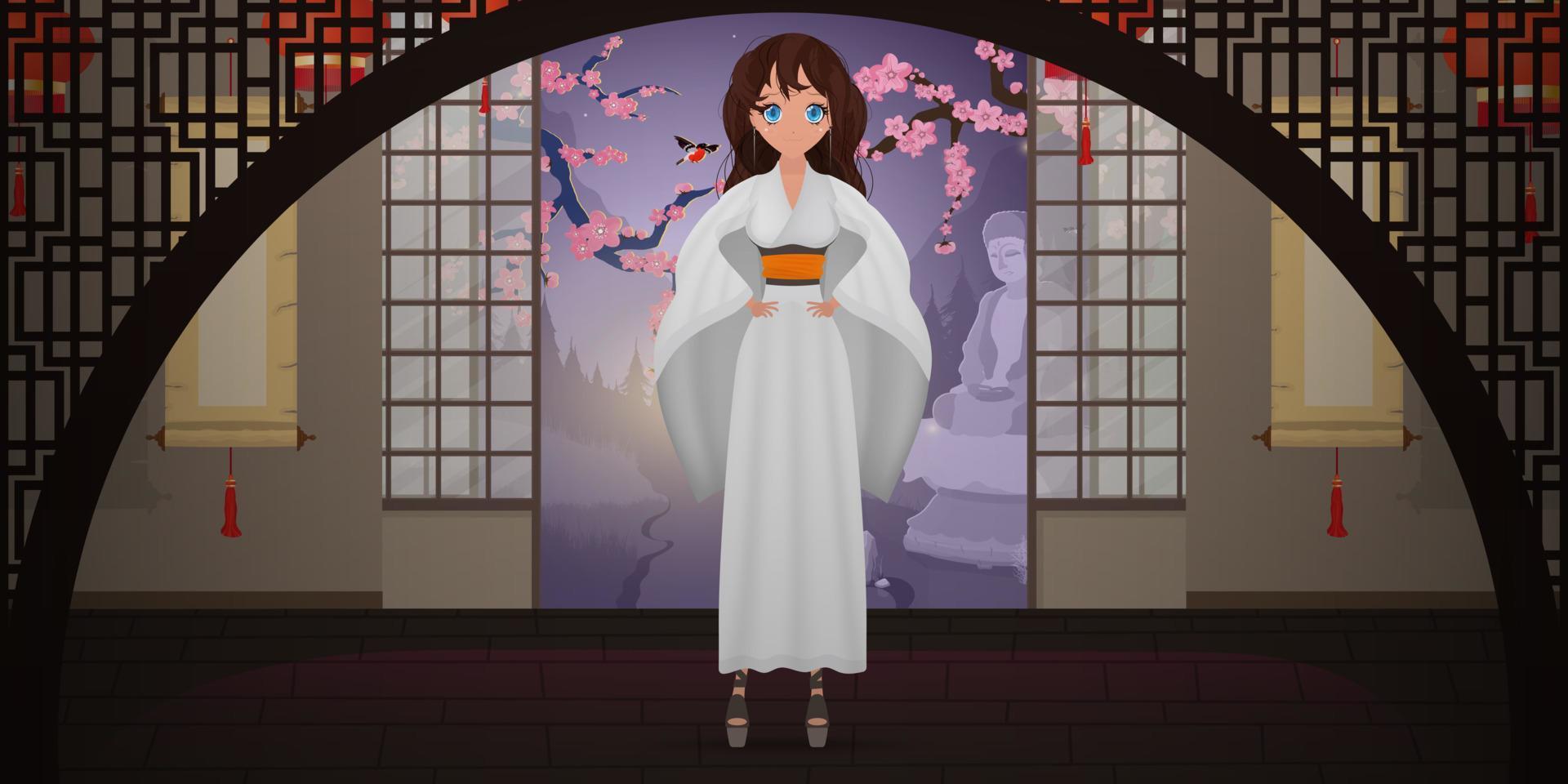 vrouwen in een lange witte zijden kimono, zomerkimono, zijden huiskleding, bruidsmeisjeskleding, natuurlijk gewaad. cartoon-stijl. vectorillustratie. vector