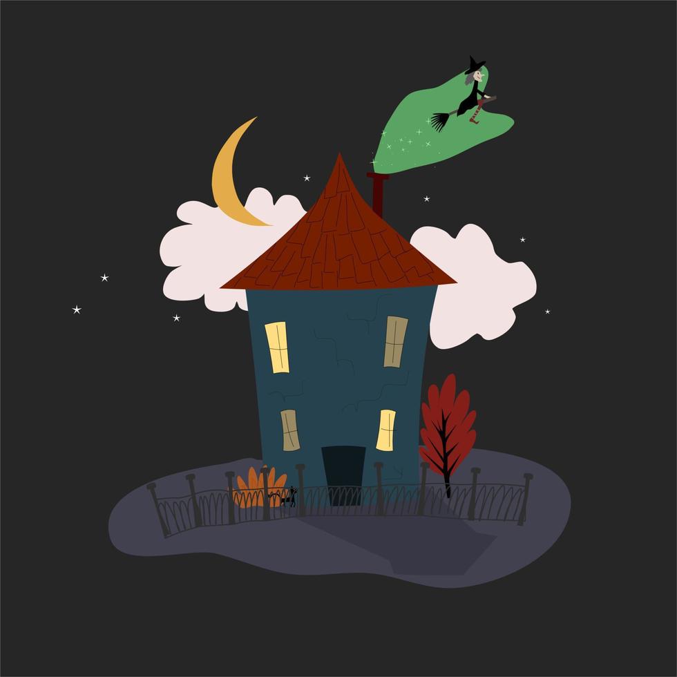 spookachtig huis met vliegende heks en griezelige bomen in cartoonstijl, halloween-kaart vector