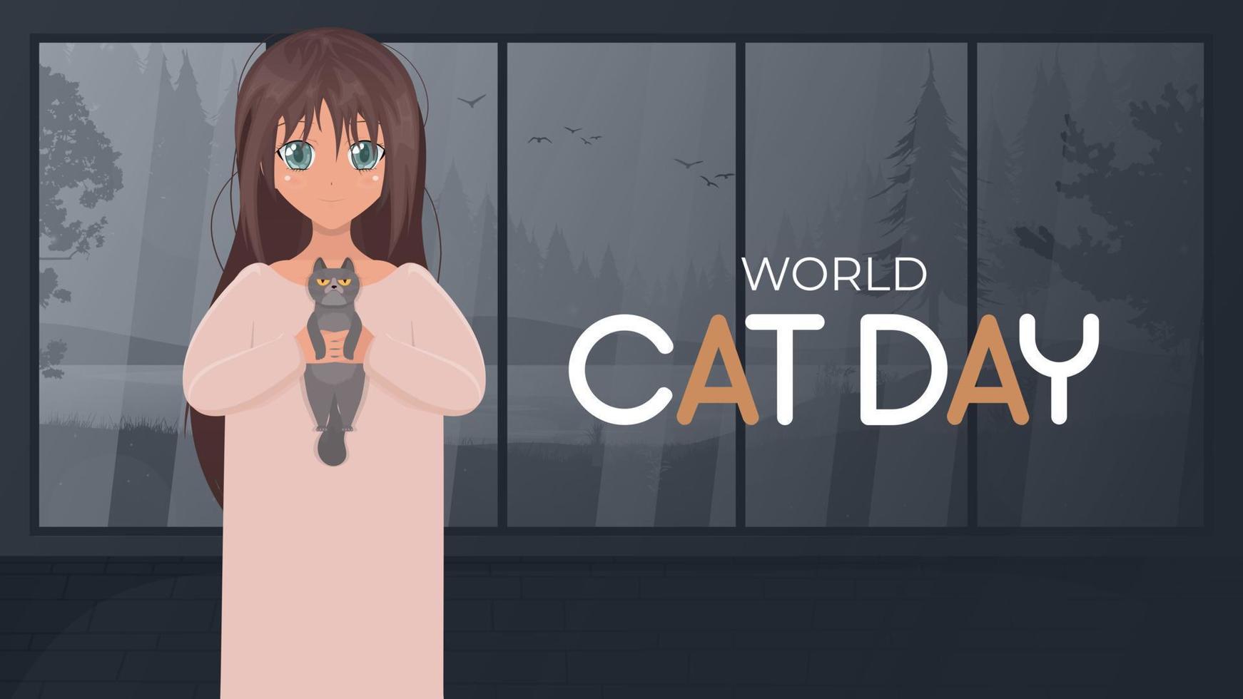 wereld kat dag banner. gelukkig meisje met een kat in haar armen. cartoon anime-stijl. vector. vector