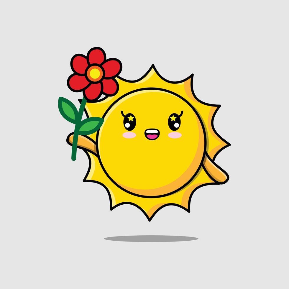 schattig stripfiguur zon met rode bloem vector