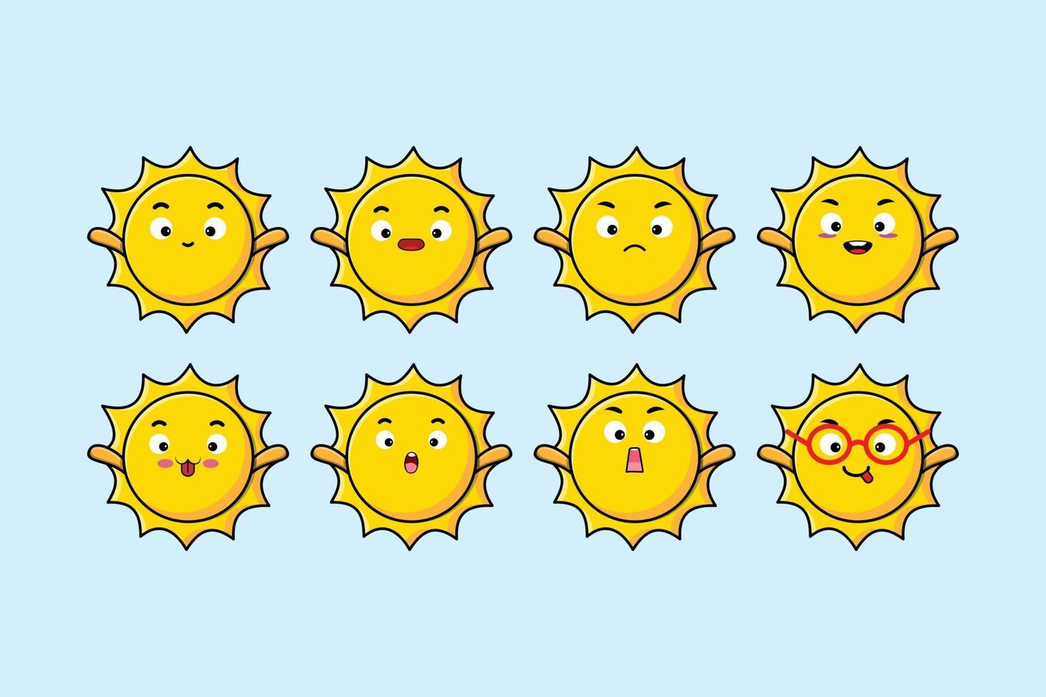 stel kawaii sun cartoon in met verschillende uitdrukkingen vector