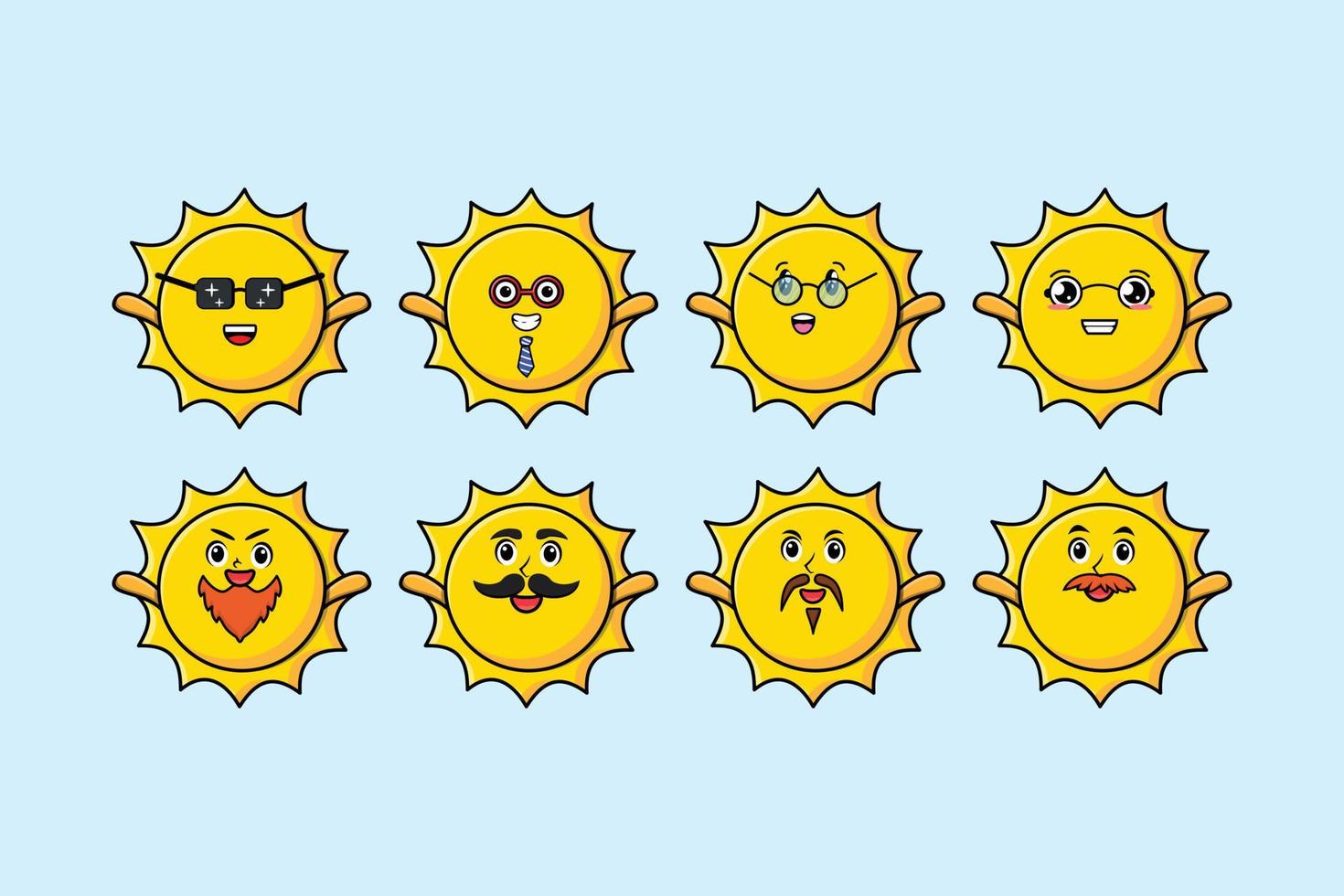 stel kawaii sun cartoon in met verschillende uitdrukkingen vector