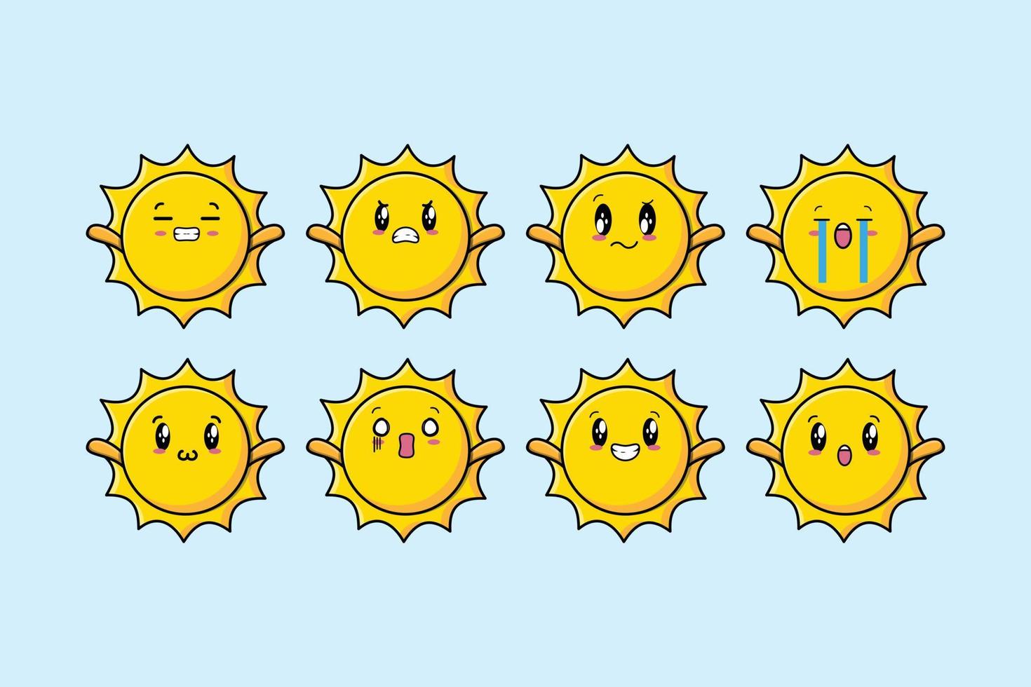 stel kawaii sun cartoon in met verschillende uitdrukkingen vector