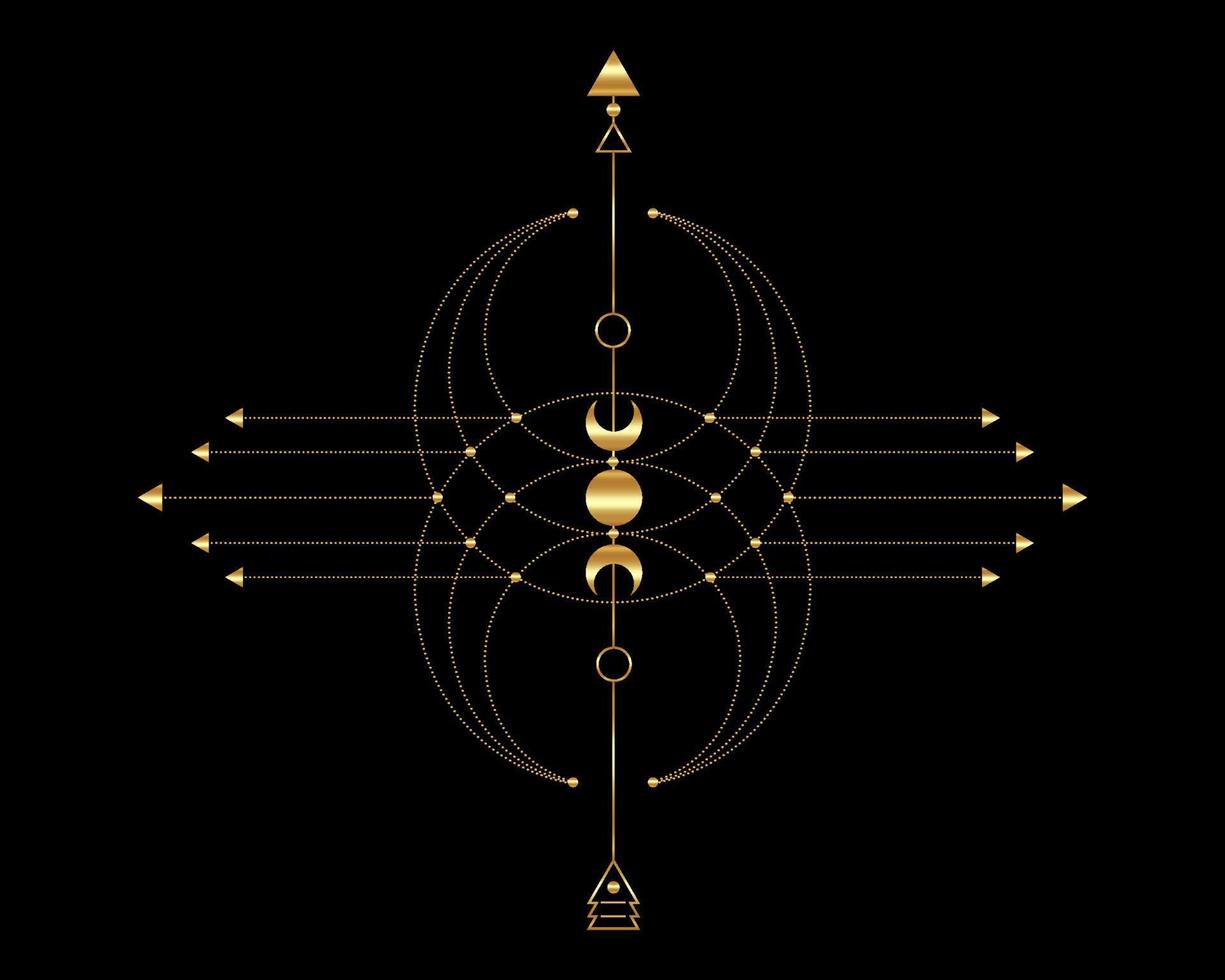 gouden totem, heilige geometrie, mystieke pijl en maansikkel, gouden stippellijnen in boho-stijl, Wicca icoon, alchemie esoterische mystieke magische talisman. spirituele occultisme vector geïsoleerd op zwart