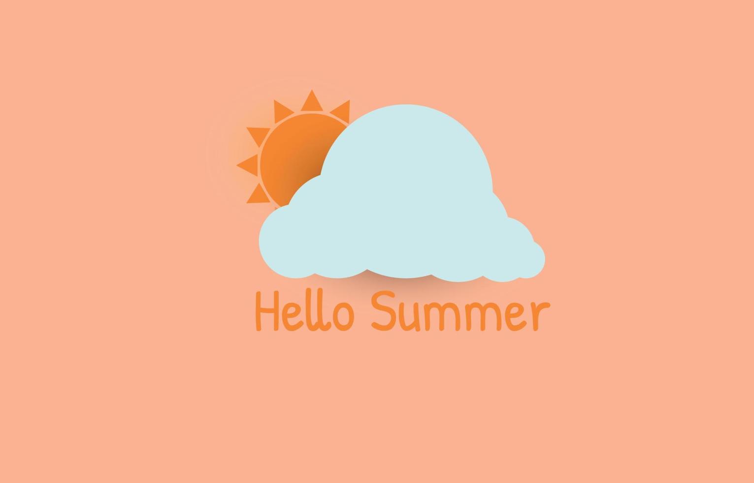 vectorillustratie van zon en wolk op oranje achtergrond en belettering Hallo zomer, zomer achtergrond concept, minimalistische stijl. vector