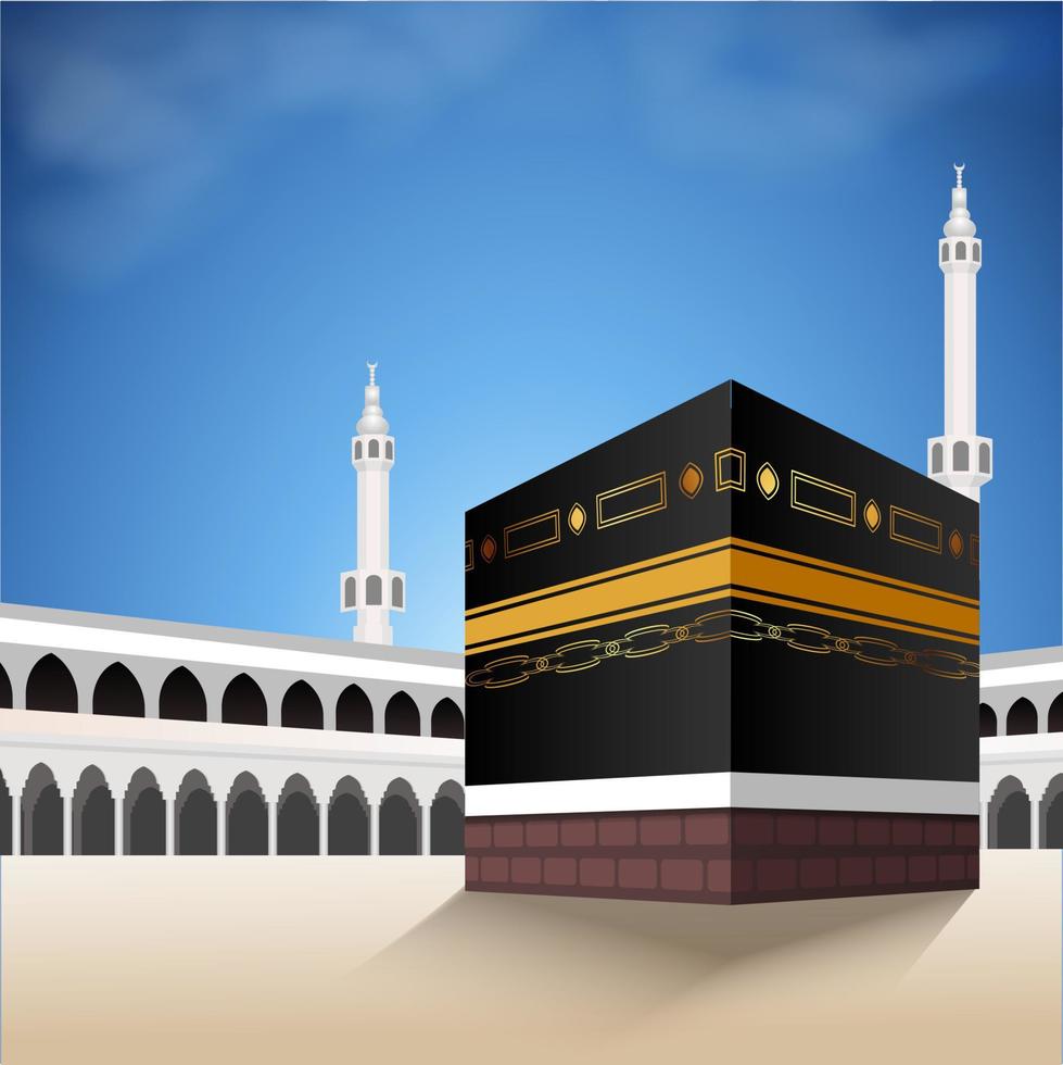 Kaaba-vector voor hadj mabroor in mekka saoedi-arabië. bedevaartstappen van begin tot eind arafat berg voor eid adha mubarak. islamitische achtergrond op lucht en wolken. hadj ritueel. vector