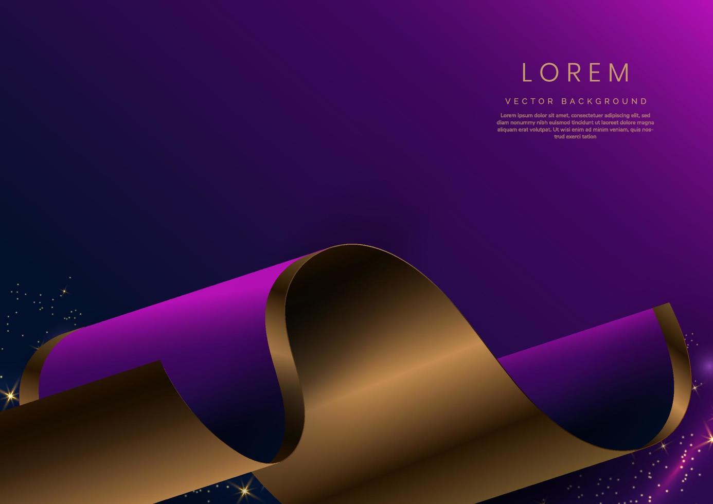 abstract 3d goud gebogen lint op paarse en donkerblauwe achtergrond met lichteffect en schittering met kopieerruimte voor tekst. luxe ontwerpstijl. vector