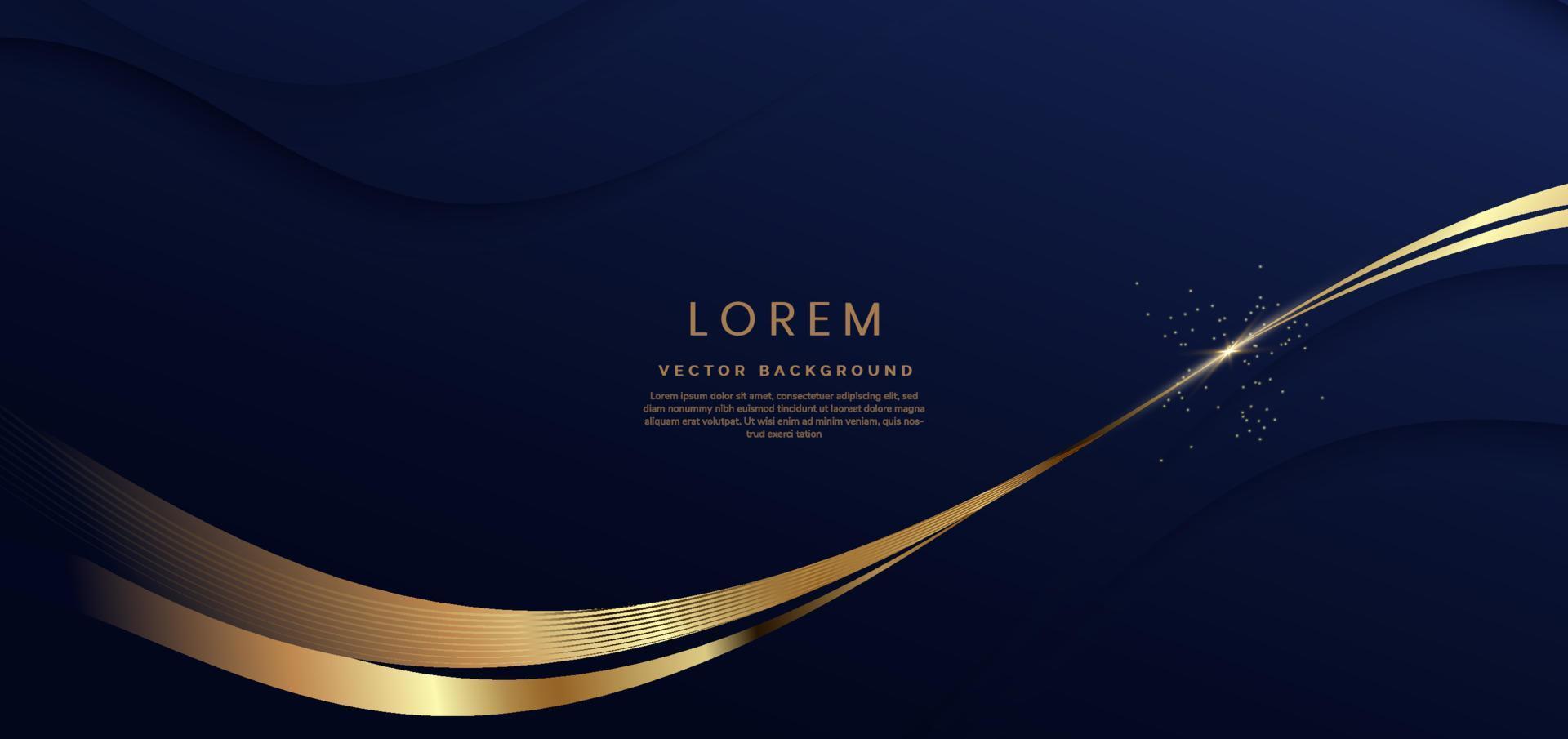 abstracte 3d donker blauwe achtergrond met lint gouden lijnen gebogen golvende schittering met kopie ruimte voor tekst. luxe stijl sjabloonontwerp. vector illustratie