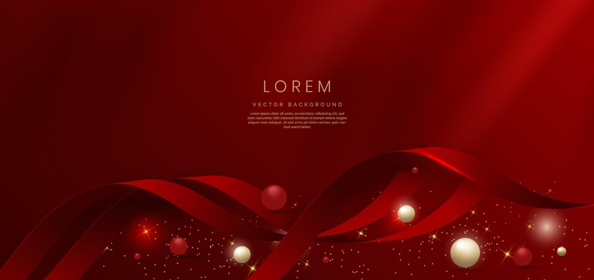 abstract 3d goud gebogen rood lint op rode achtergrond met lichteffect en schittering met kopie ruimte voor tekst. luxe ontwerpstijl. vector
