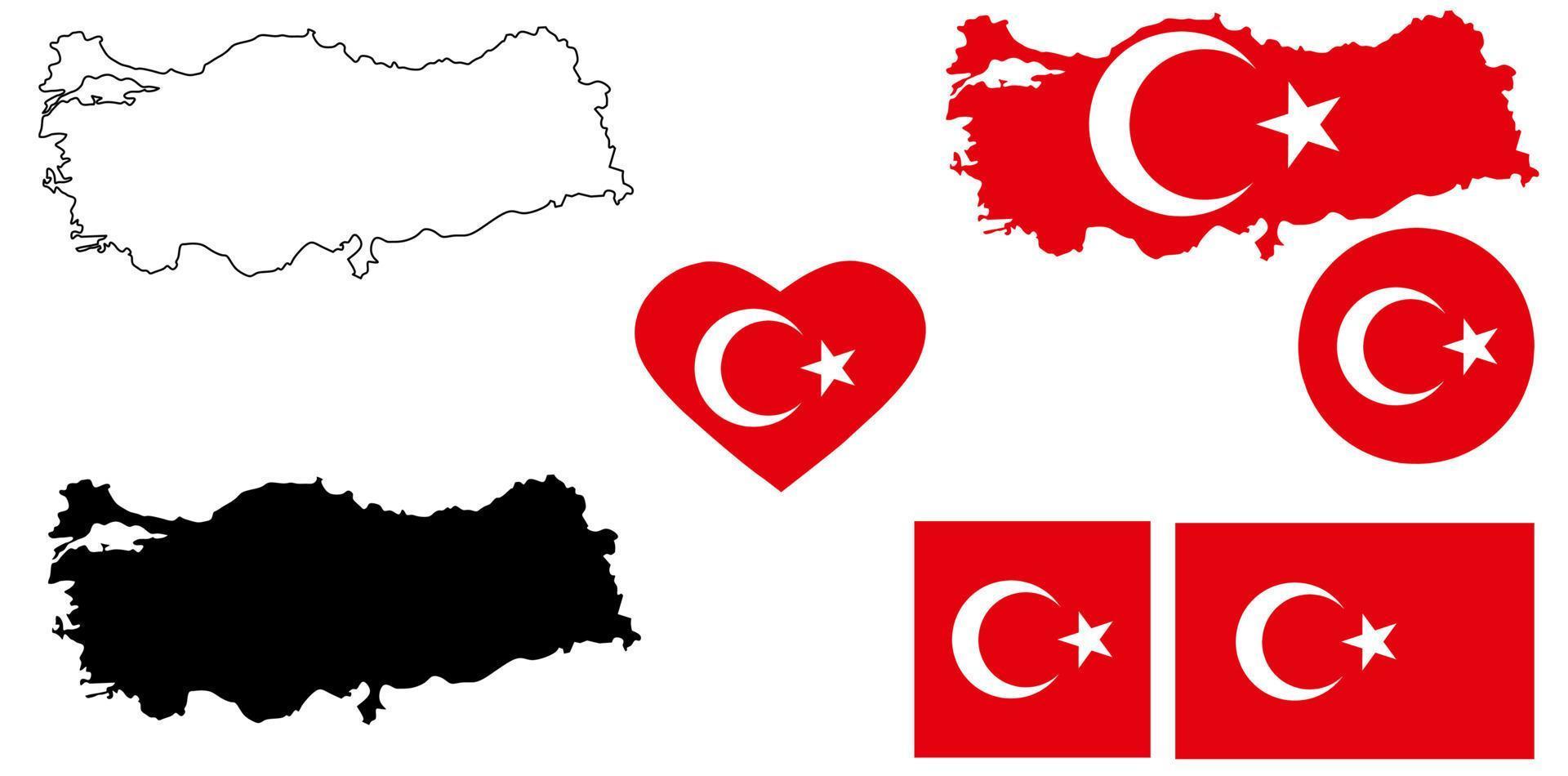 republiek turkije kaart vlag icon set vector