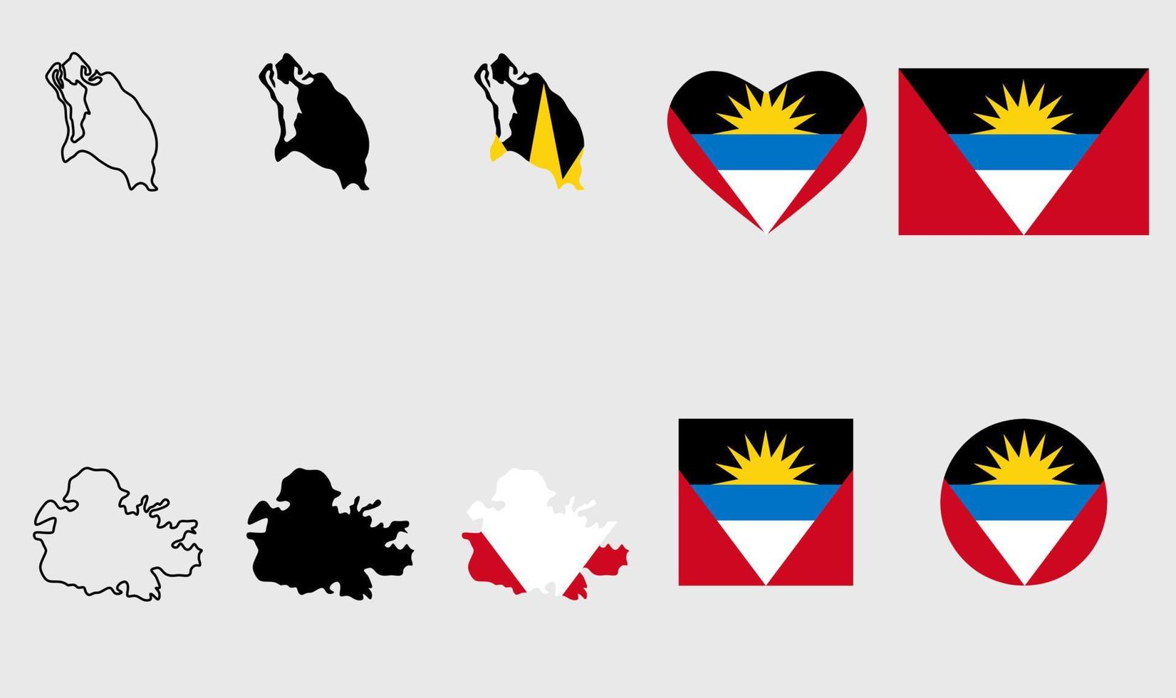 antigua en barbuda kaart vlag icon set vector