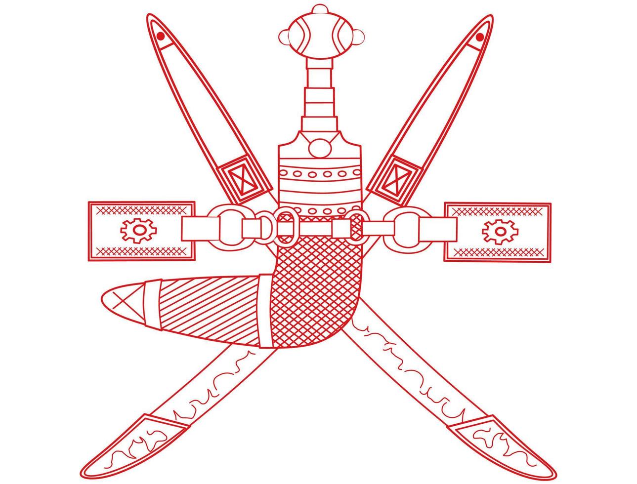 hand getekend wapen van oman, met twee zwaarden en een dolk geïsoleerd op een witte achtergrond vector