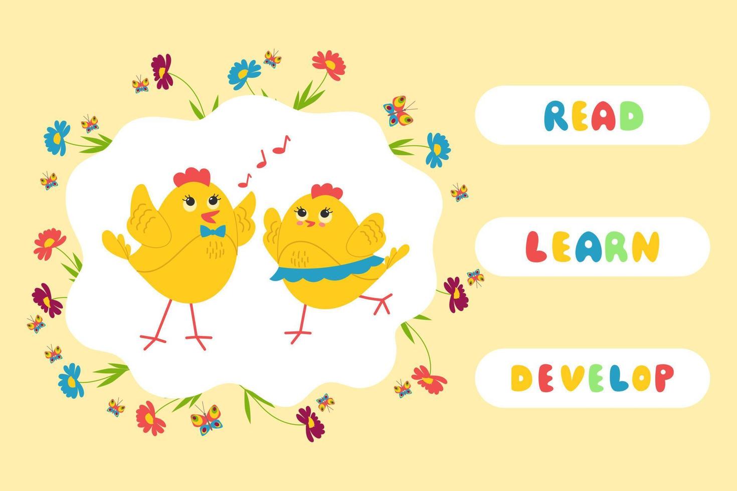 schattige kippen, educatieve spelletjes voor kinderen, lezen, leren, banner ontwikkelen. vector illustratie