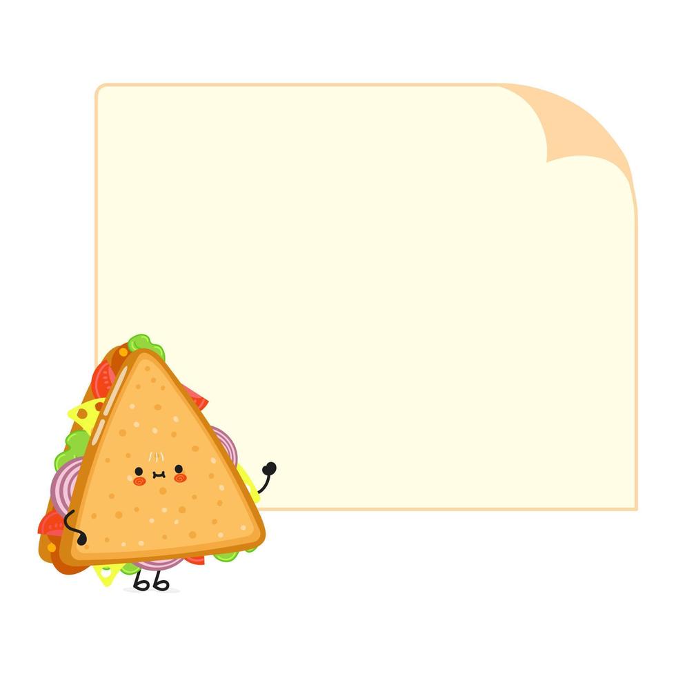 leuk grappig sandwichkarakter met tekstballon. vector hand getekend cartoon kawaii karakter illustratie pictogram. geïsoleerd op een witte achtergrond. sandwich karakter concept
