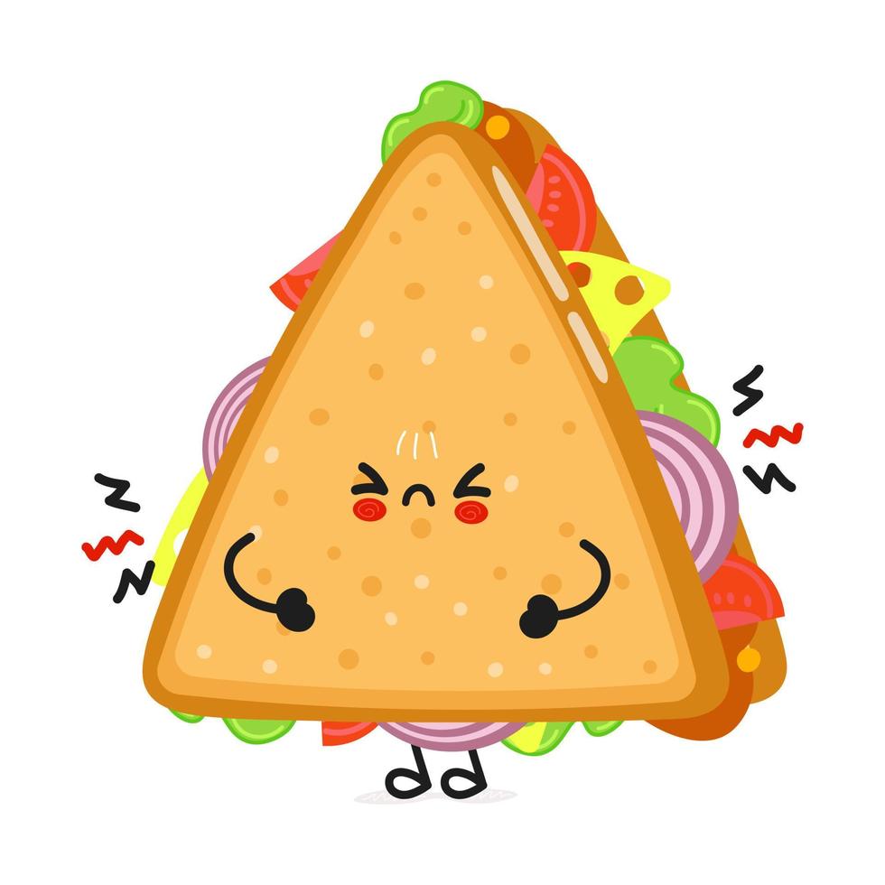 schattig boos sandwich karakter. vector hand getekend cartoon kawaii karakter illustratie pictogram. geïsoleerd op een witte achtergrond. triest sandwich karakter concept