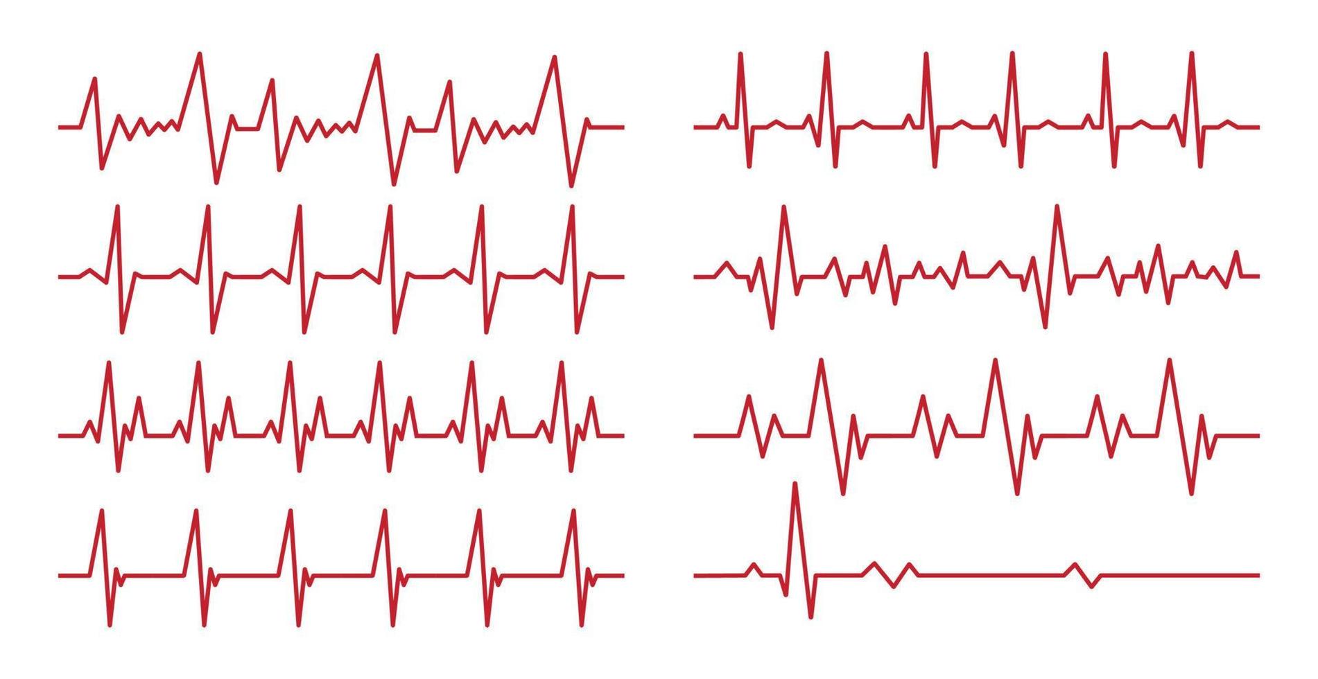set van 8 stuks. hartpuls - gebogen rode lijn op witte achtergrond - vector