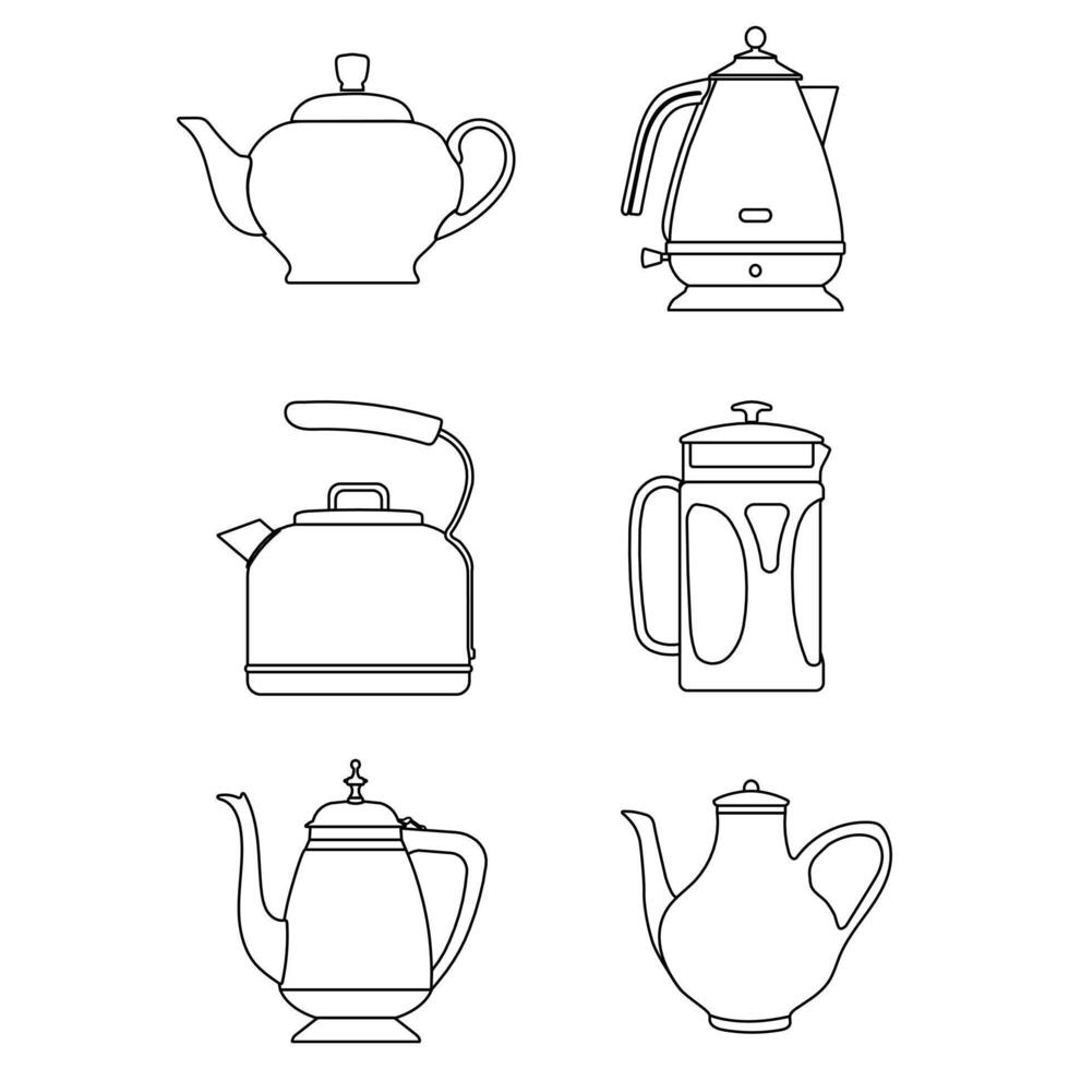 set van verschillende theepotten. waterkokers pictogrammen. keuken geïsoleerde potten vector