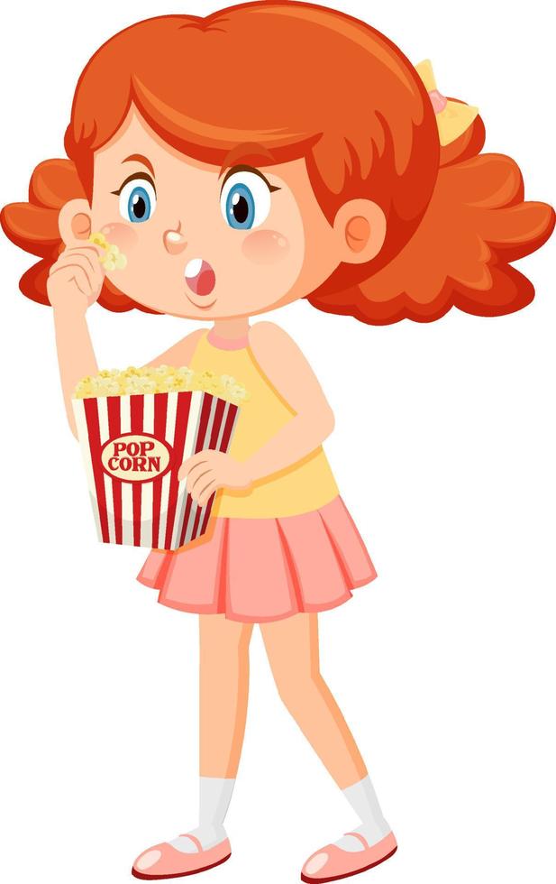 schattig meisje dat popcorn eet vector