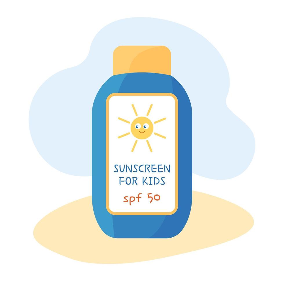 zonnebrandcrème voor kinderen. zomer huidverzorgingsproduct voor kinderen. kinder uv-beschermingscrème in fles geïsoleerd. veilig looien van kind. platte vectorillustratie. vector