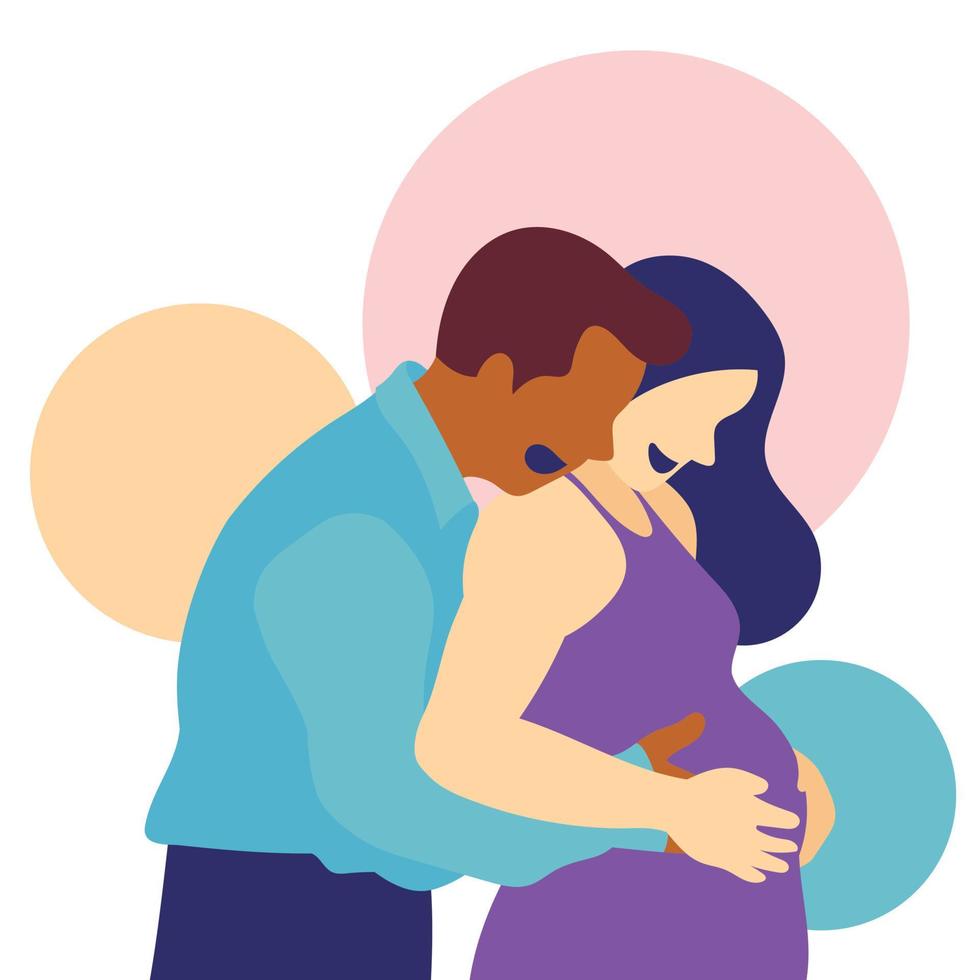 man omhelsde zijn zwangere vrouw. vectorillustratie. vector