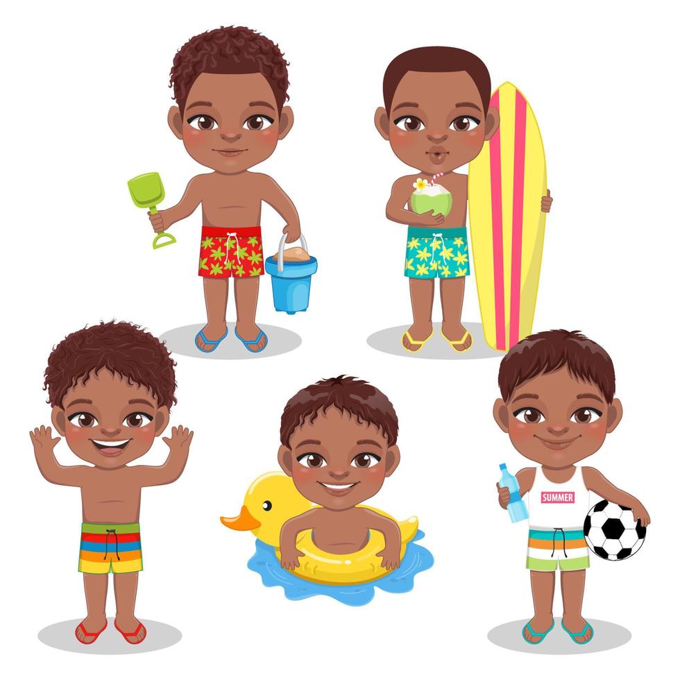groep zwarte jongens die op de zomervakantie op het strand spelen op een witte achtergrond vector