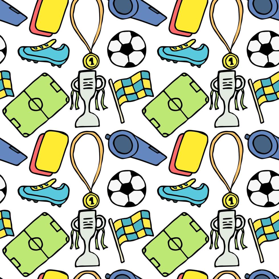 naadloos voetbalpatroon. doodle voetbal illustratie met een voetbal, kampioenschapsbeker, schoenen, voetbalveld vector