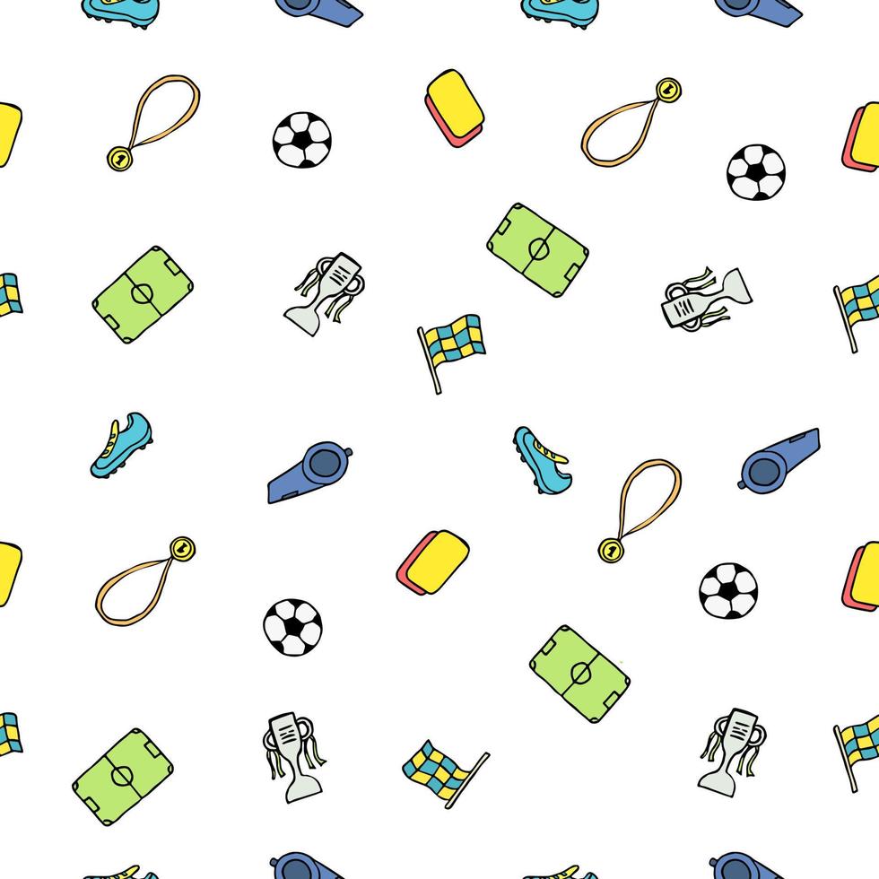 naadloos voetbalpatroon. doodle voetbal illustratie met een voetbal, kampioenschapsbeker, schoenen, voetbalveld vector