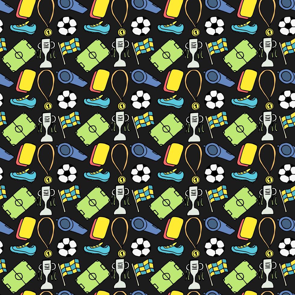 naadloos voetbalpatroon. doodle voetbal illustratie met een voetbal, kampioenschapsbeker, schoenen, voetbalveld vector