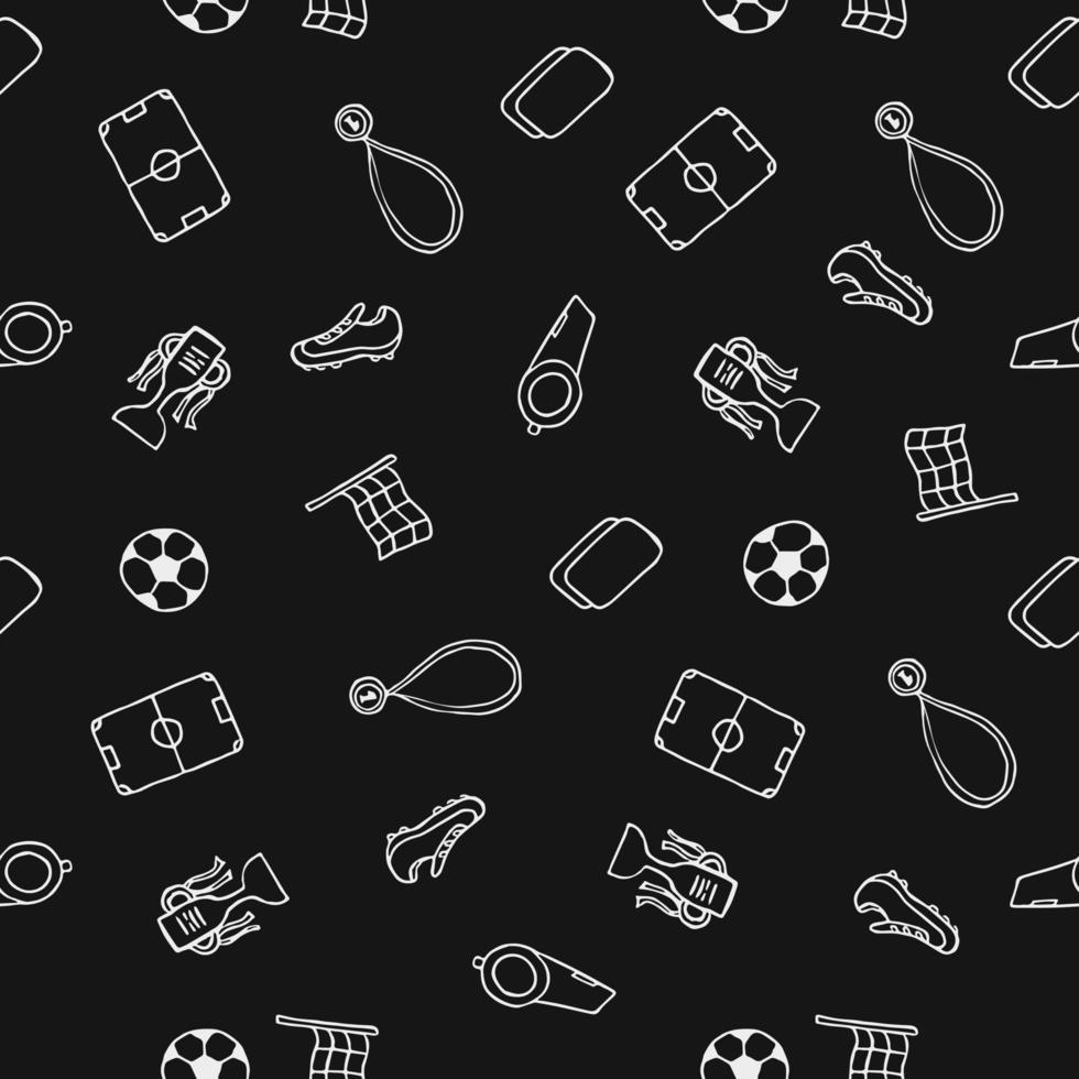 naadloos voetbalpatroon. doodle voetbal illustratie met een voetbal, kampioenschapsbeker, schoenen, voetbalveld vector