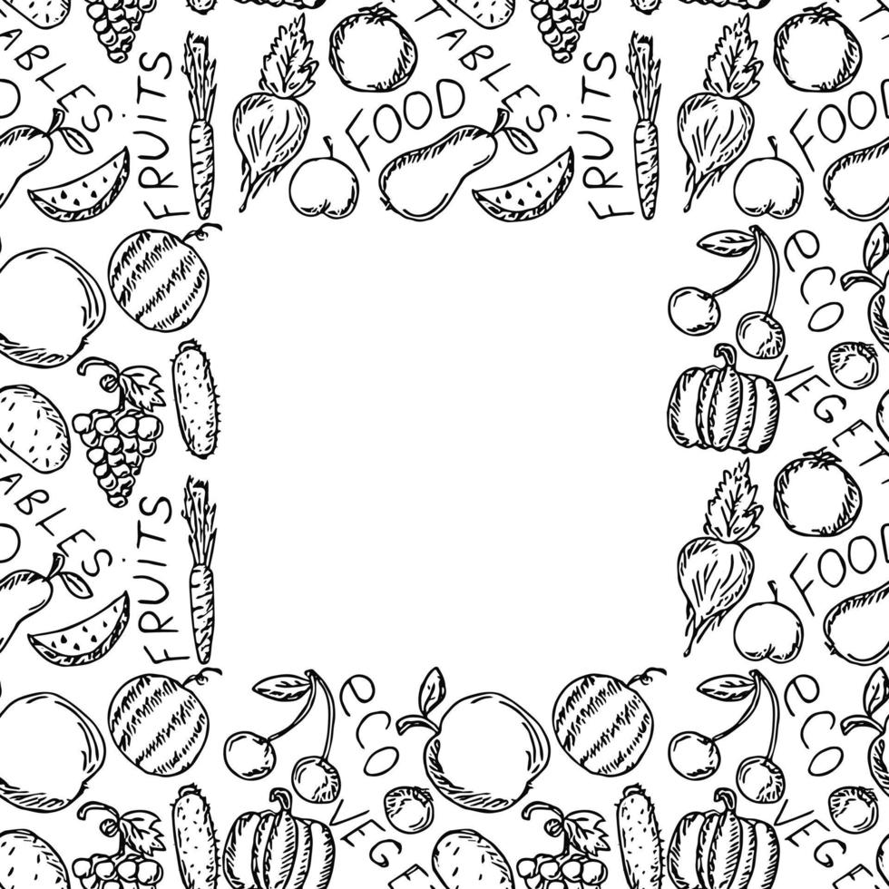 naadloos vegetarisch voedselpatroon met plaats voor tekst. doodle vector met vegetarische gerechten pictogrammen op witte achtergrond. vintage voedsel iconen