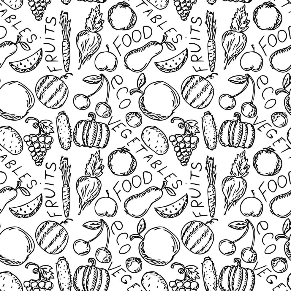 naadloos vegetarisch voedselpatroon. doodle vector met vegetarische gerechten pictogrammen op witte achtergrond. vintage voedsel iconen