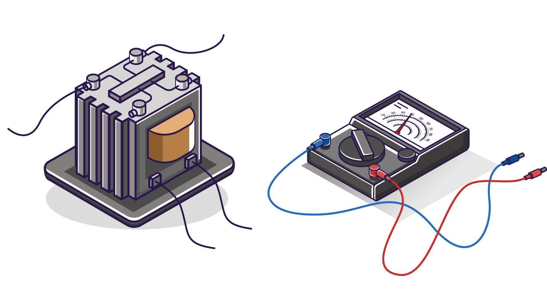 platte isometrische concept illustratie. bundel set energie iconen avo meter en elektrische transformator vector