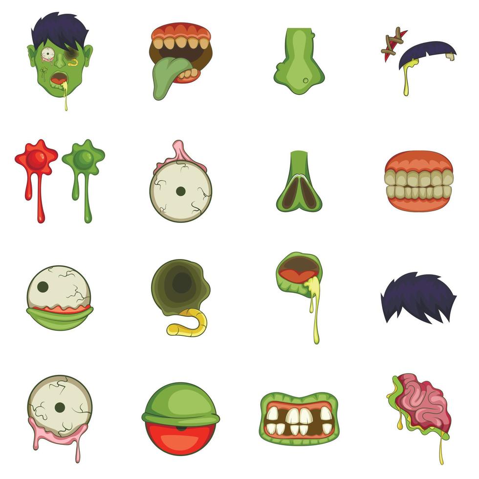zombie onderdelen iconen set, cartoon stijl vector