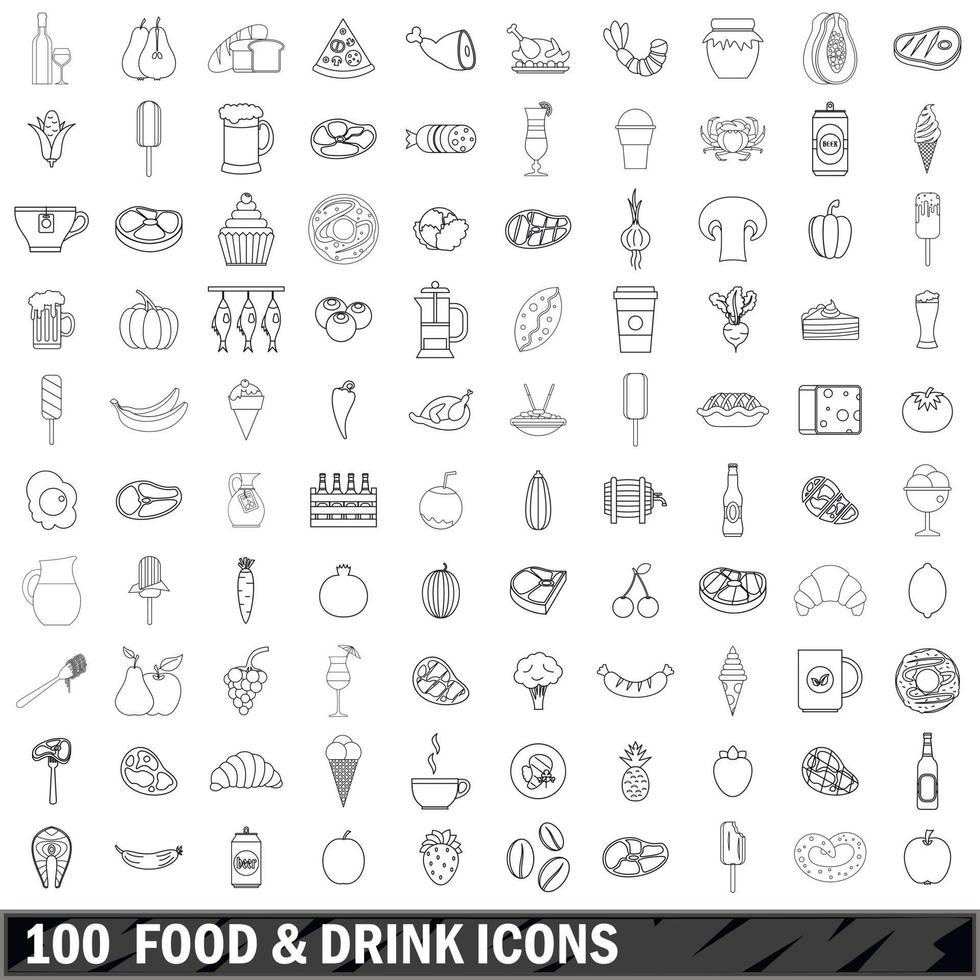 100 eten en drinken iconen set, Kaderstijl vector