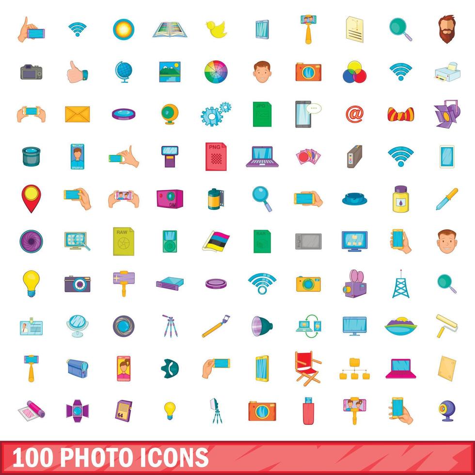 100 foto iconen set, cartoon stijl vector