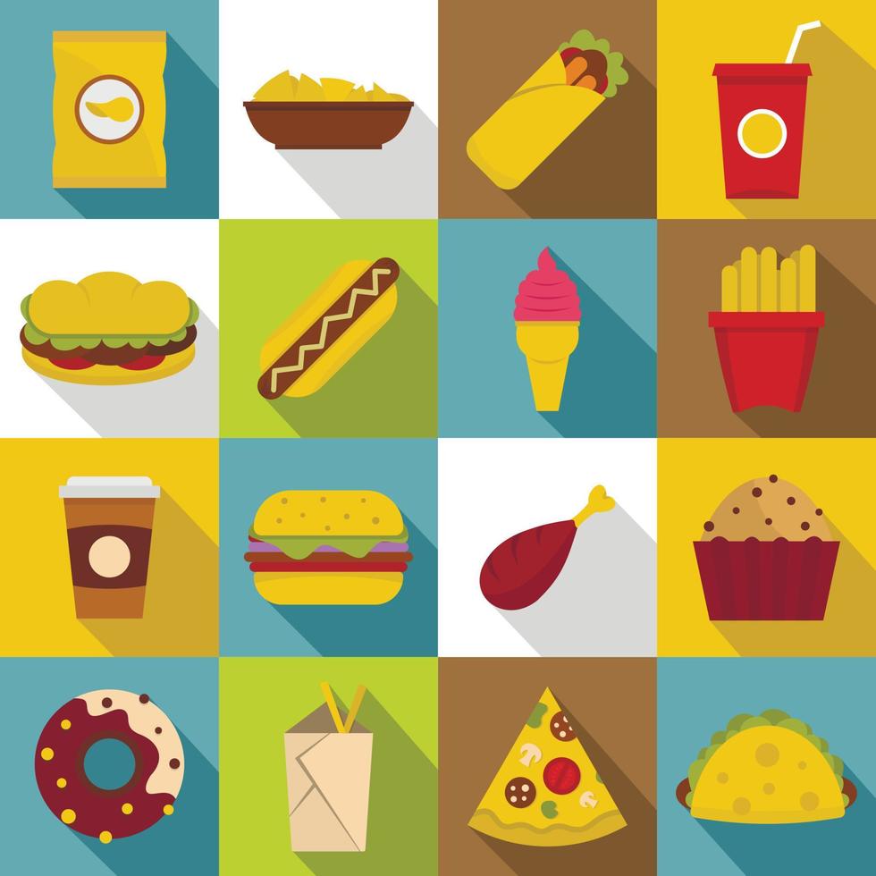 fastfood iconen set, vlakke stijl vector