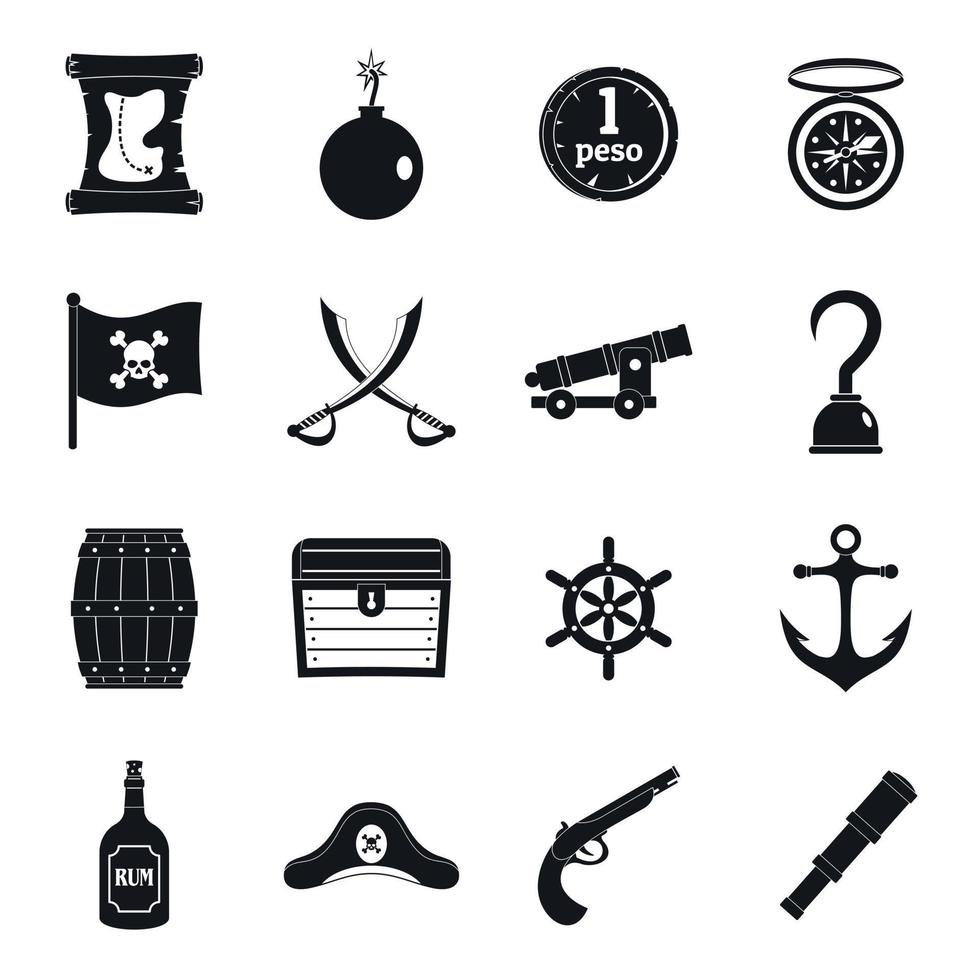 piraat iconen set, eenvoudige stijl vector
