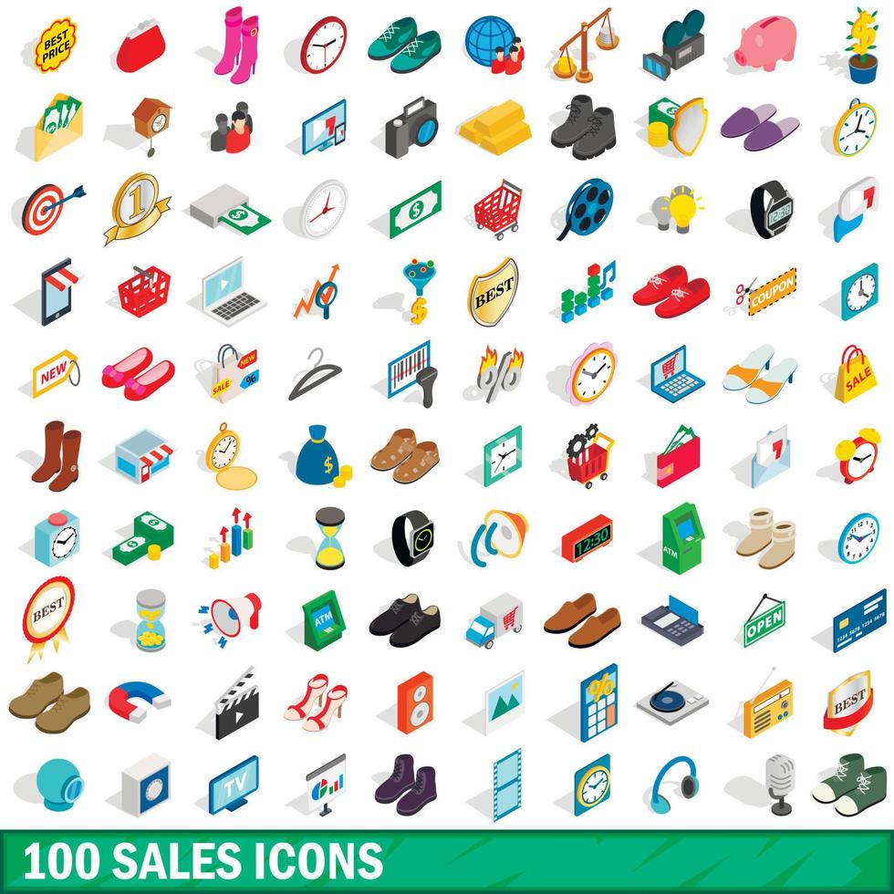 100 verkoop iconen set, isometrische 3D-stijl vector