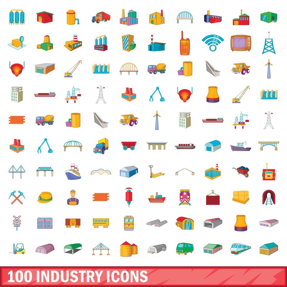 100 industrie iconen set, cartoon stijl vector