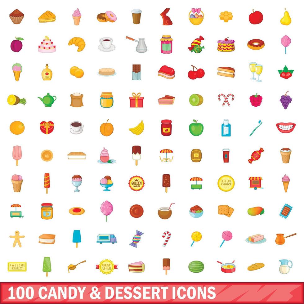 100 snoep en dessert iconen set, cartoon stijl vector