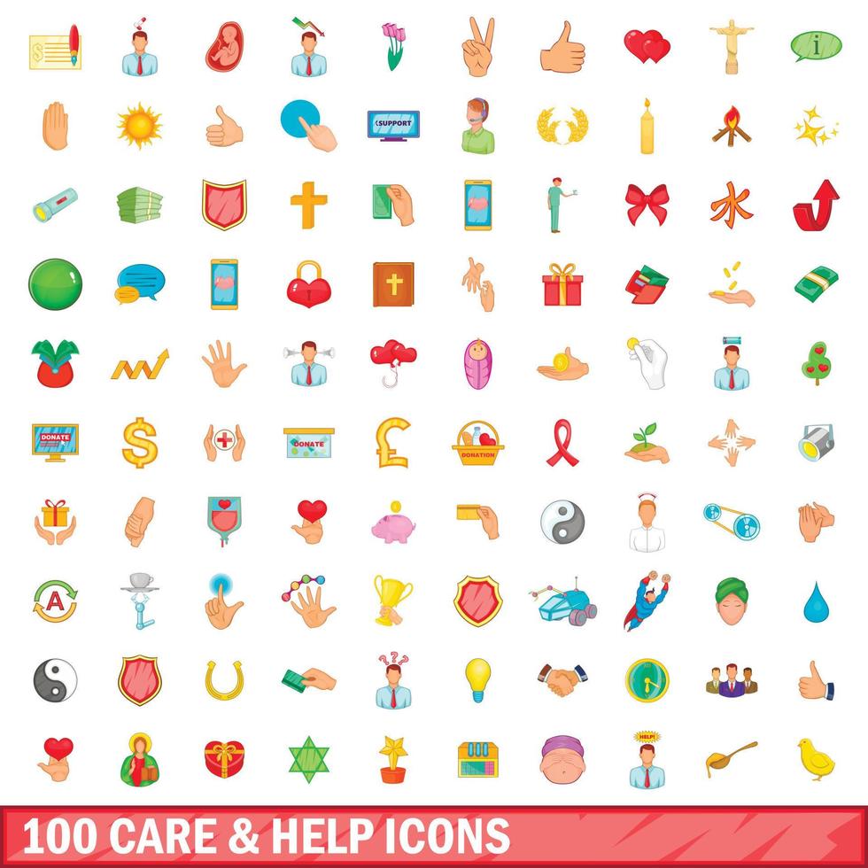 100 zorg en hulp iconen set, cartoon stijl vector