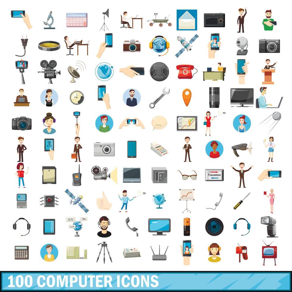 100 computer iconen set, cartoon stijl vector