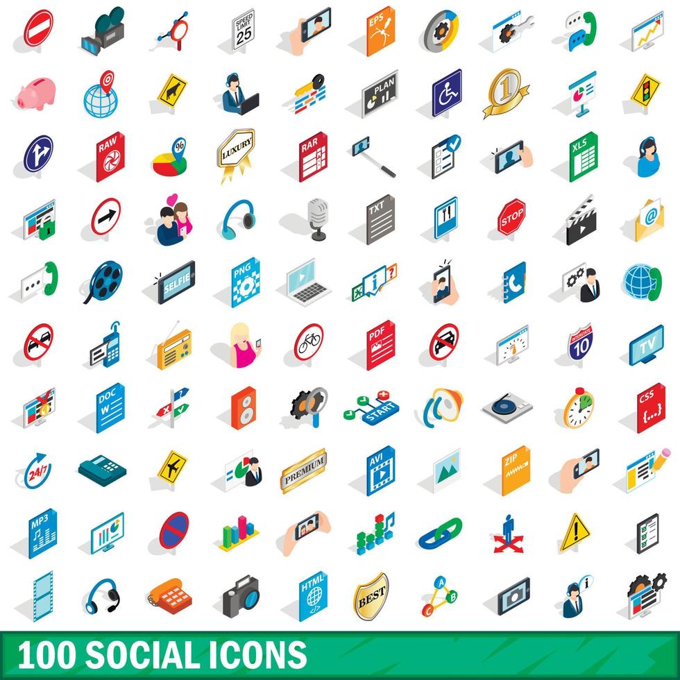100 sociale iconen set, isometrische 3D-stijl vector