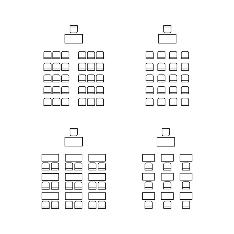 set van plan voor het regelen van stoelen in het interieur, auditorium met plaats voor toeschouwers, klaslokaal, theater, collegezaal, lay-outoverzichtselementen. regeling stoelen en tafels pictogrammen. meubels bovenaanzicht.vector lijn vector