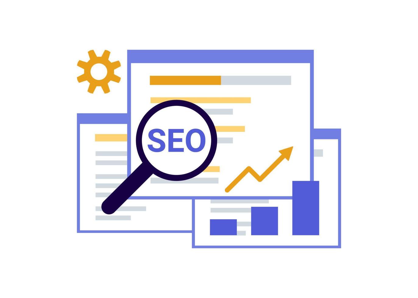 zoekmachineoptimalisatie, SEO-optimalisatie, analyse en advertentieconcept. zoekscherm met vergrootglas. teken seo top ranking voor web. vector illustratie