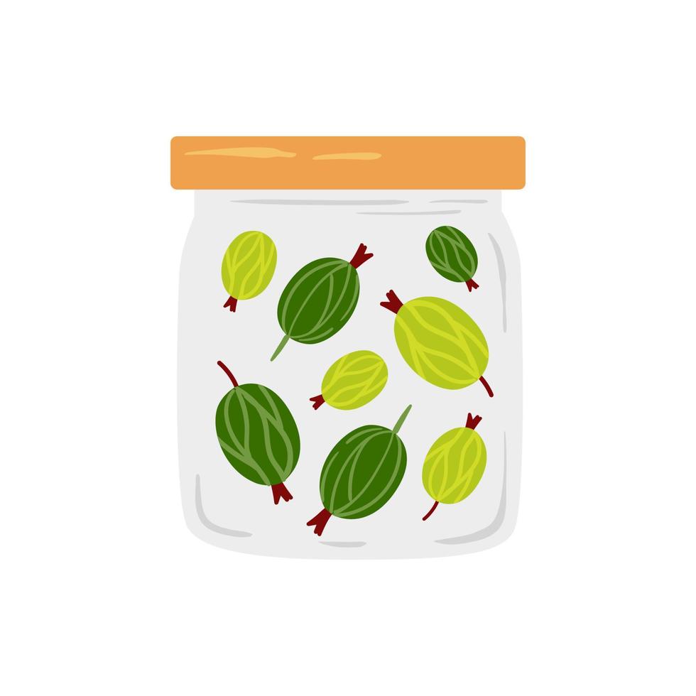 kruisbessenjam in een transparante glazen pot. schattige vectorillustratie getekend in cartoon stijl geïsoleerd op een witte achtergrond. gezond natuurlijk product vector