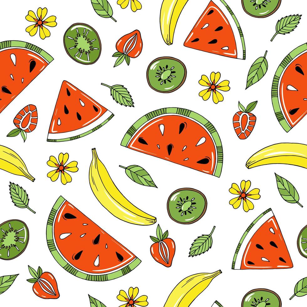 grappig zomerfruitpatroon met watermeloen, banaan, kiwi en aardbei op witte achtergrond vector