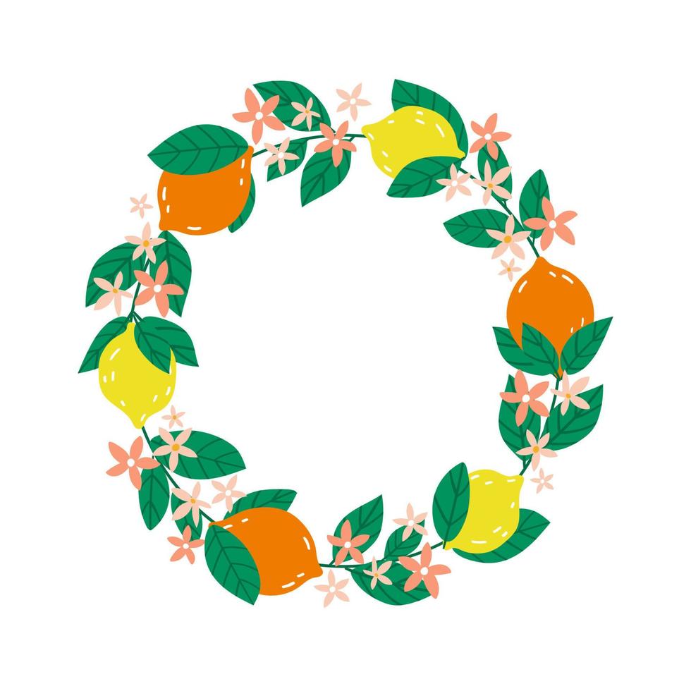 schattig rond frame met vers tropisch fruit - felgele citroenen. botanische compositie met plaats voor een tekst voor verkoopbanners, kaarten, uitnodigingen vector