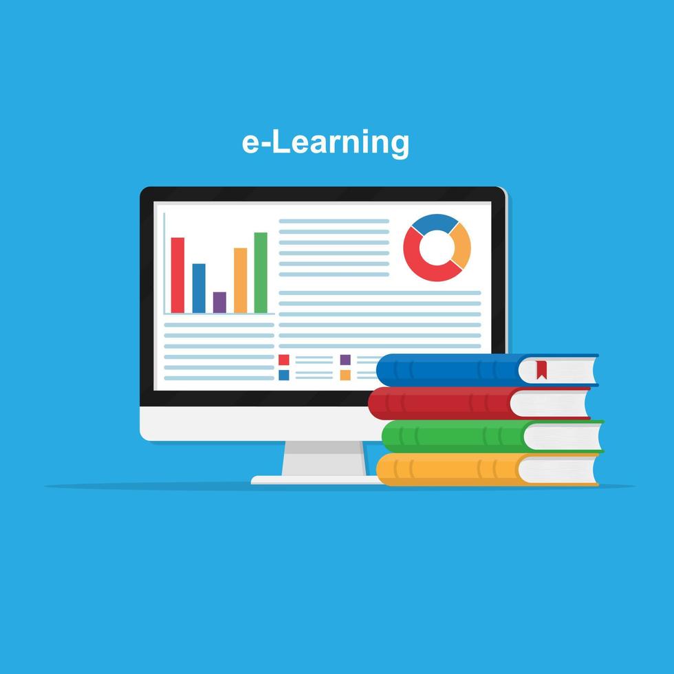 beeldscherm met een cirkeldiagram en een staafdiagram met een stapel boeken, concept van online educatieve ondersteuning. e-leren. vector